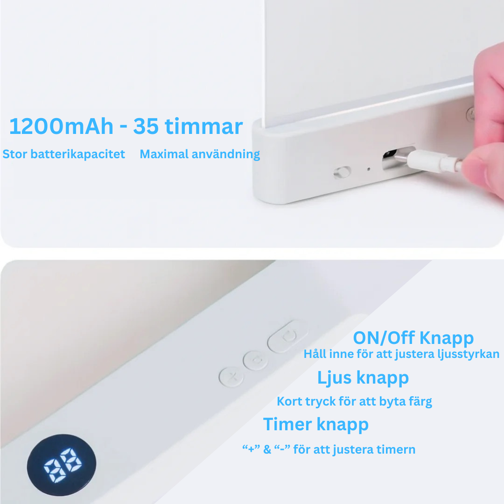 Uppladdningsbar LED- läslampa med dagsljus.